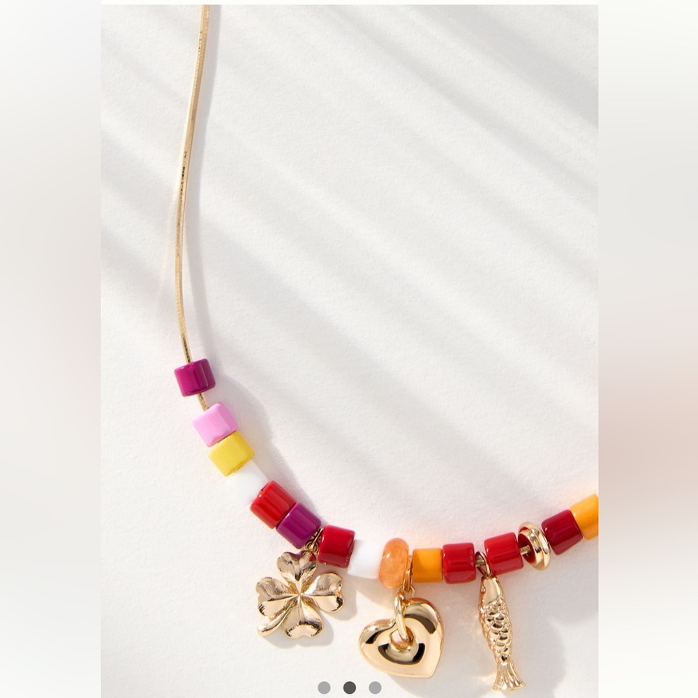 🌸🧡🌺 FUN and Colorful Anthropologie Beaded Charm Necklace - Pink/Orange, Choker - Picture 2 of 7